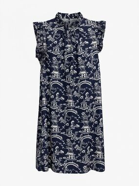 Jude Connally Shari Pagoda Print Blue White Ruffle Neck Dress Size Large